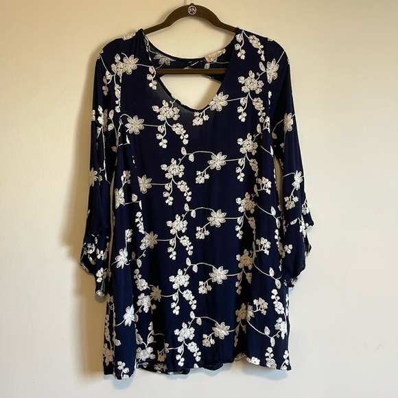 Boho Embroidered Mini Dress XS Bell Navy Swing Loose Classy Altar’d State Hippie - Picture 1 of 16